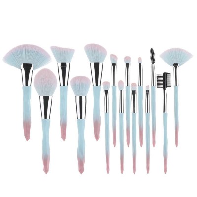 Newest Luxury High Quality Crystal Handle Foundation Powder Kit Fan Blue Makeup Brush Sets